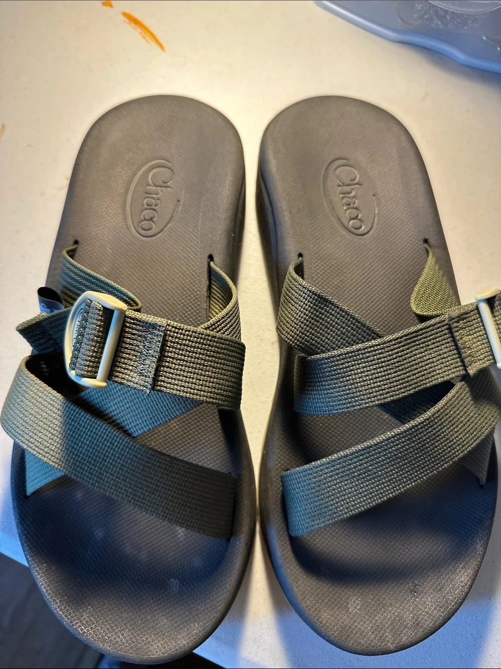 Chaco Olive Green Strapped Slide Sandals with Dark Gray Footbed